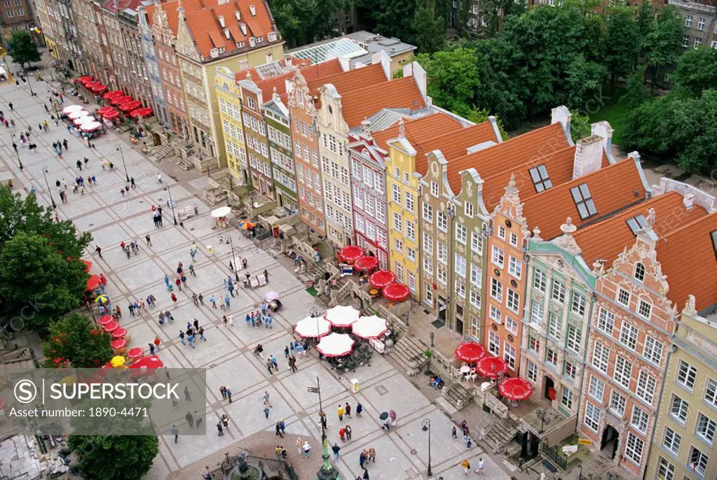 Aerial view of the bright postwar renovation of the houses of Dlugi Targ, with cafe umbrellas on the street, in the city of Gdansk, Pomerania, Poland,...