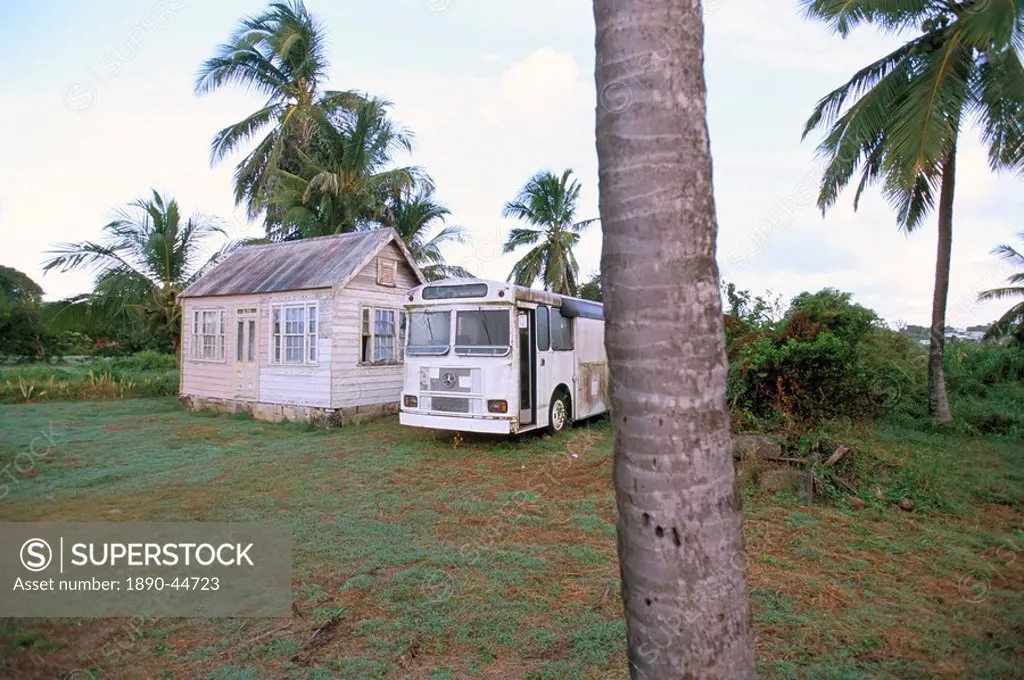 Bus and house, Oistins, Barbados, West Indies, Caribbean, Central America