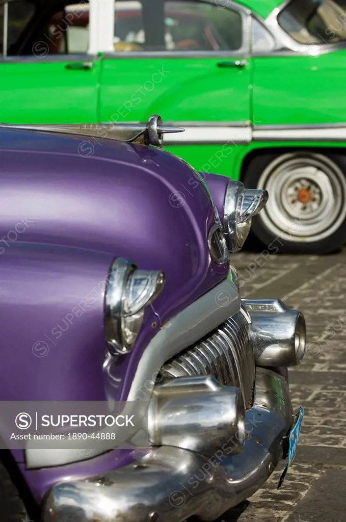 Purple and green cars, Havana, Cuba, West Indies, Central America