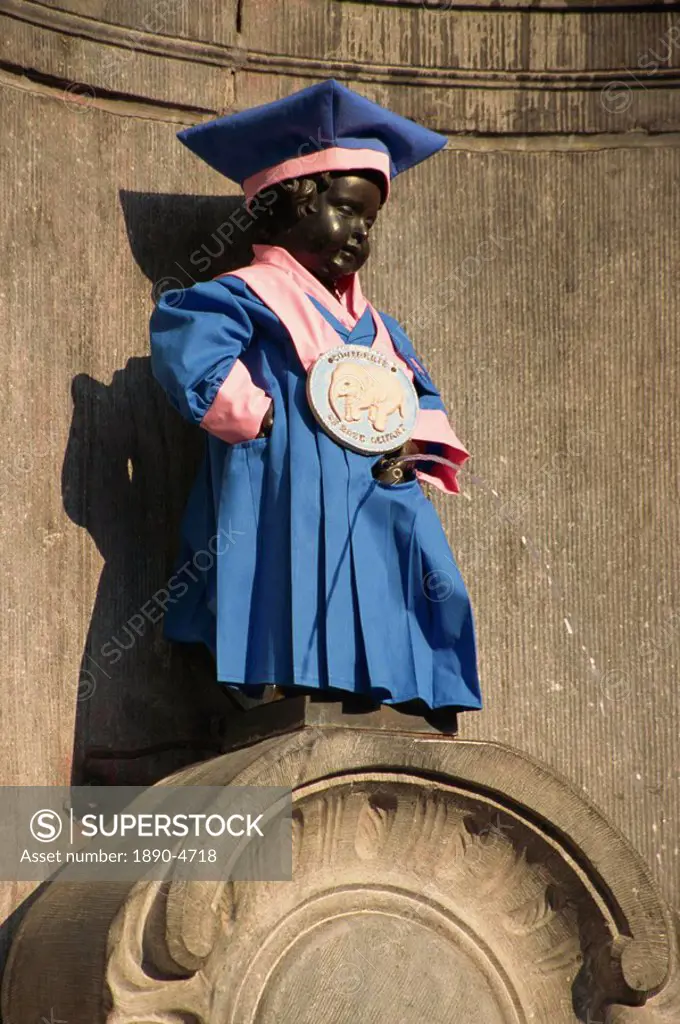Manneken Pis statue dressed in garb of Brotherhood of Red Elephant, a brewery charity, Brussels, Belgium, Europe