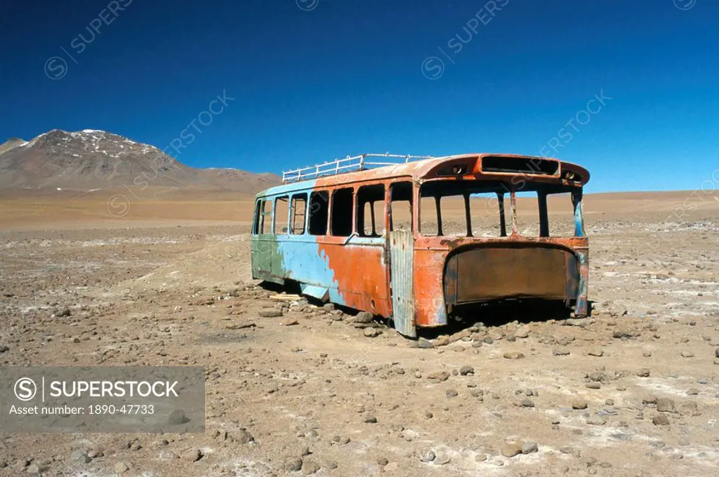 Bus wreck, near Chilean border, Salar de Uyuni, Bolivia, South America
