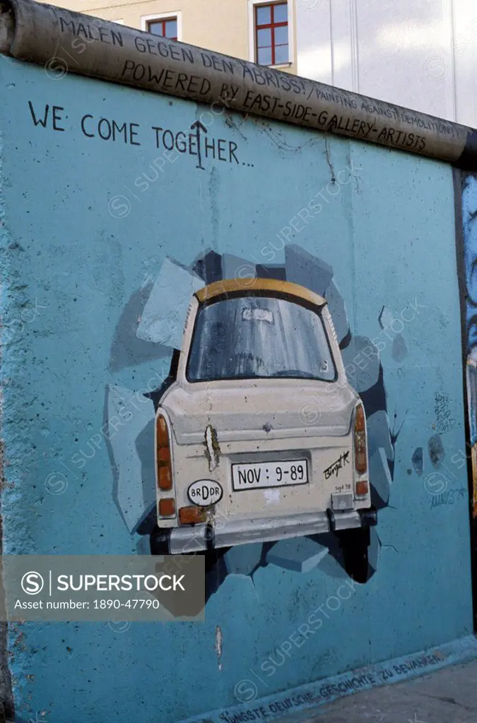 A Trabant car painted on a section of the Berlin Wall near Potsdamer Platz, Mitte, Berlin, Germany, Europe