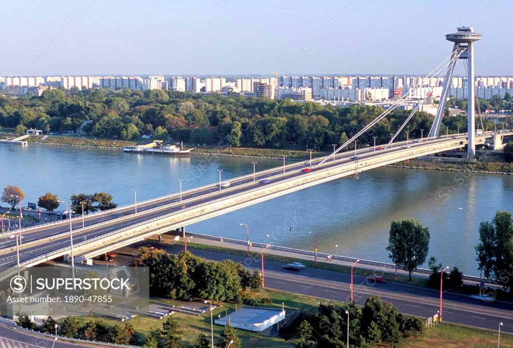 SNP Bridge spans Danube River, a rare example of tasteful 20th century Communist era architecture, Bratislava, Slovakia, Europe
