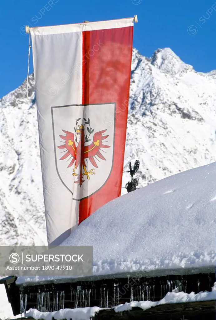 Tirolean flag above village of Solden in Tirol Alps, Solden, Tirol, Austria, Europe