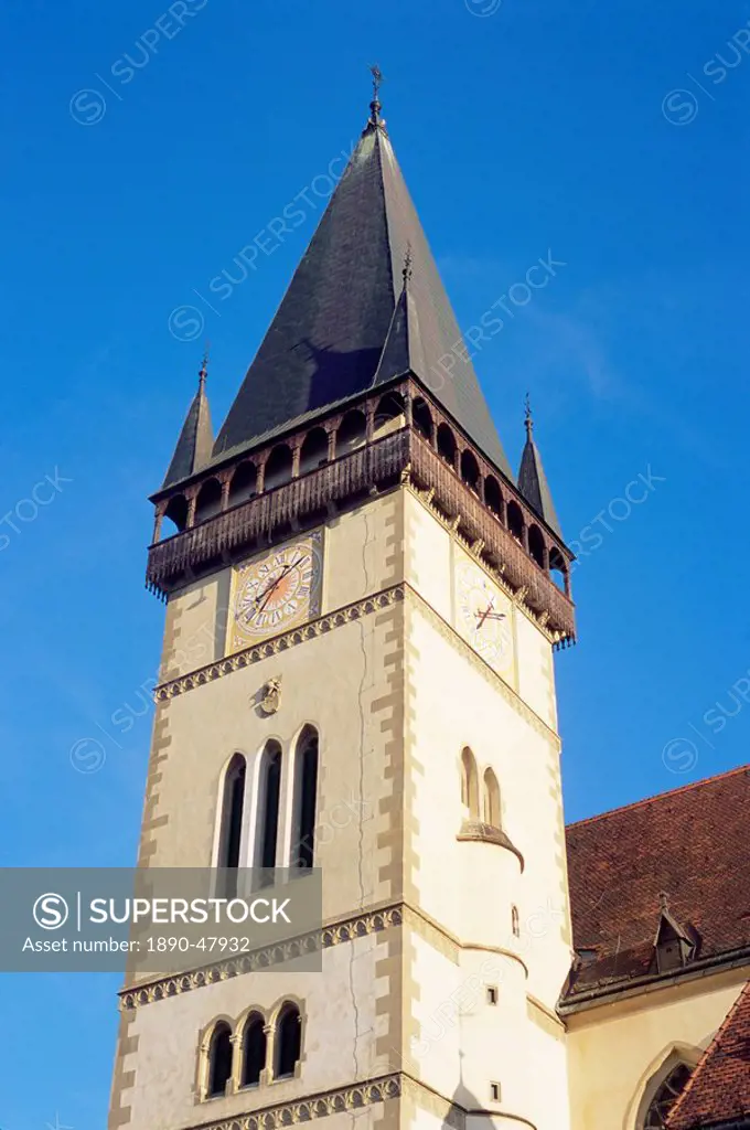 15th century Gothic tower of church of St. Egidius, Bardejov, Presov region, Slovakia, Europe