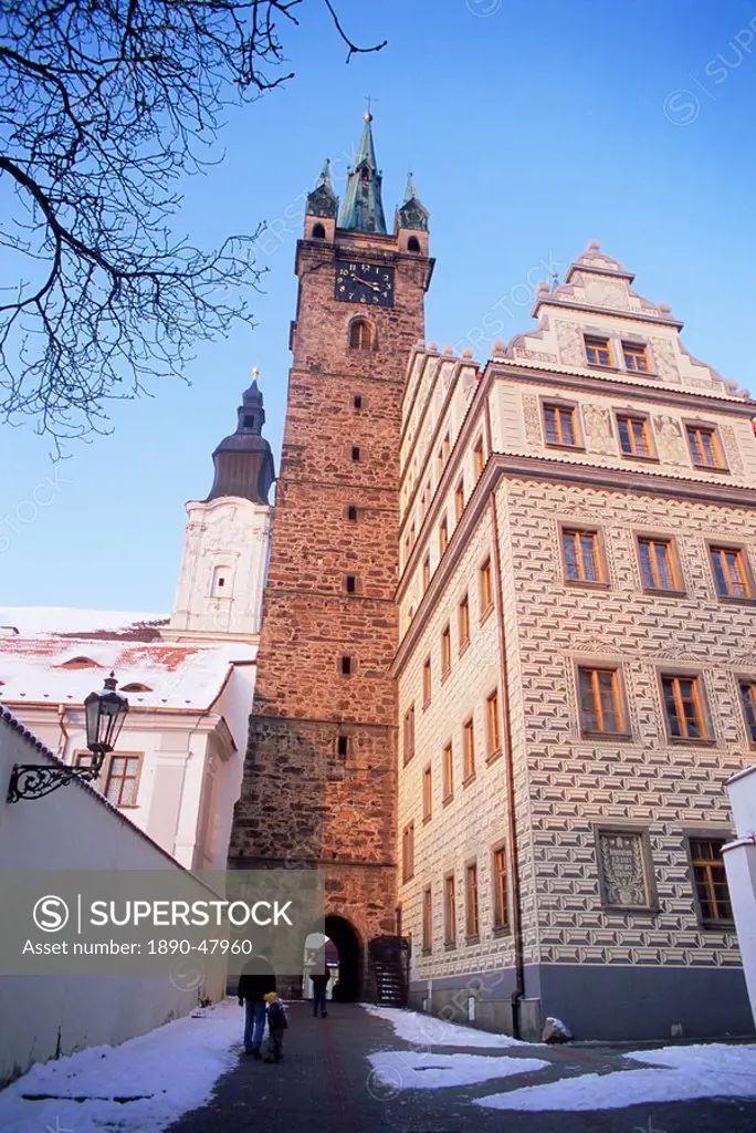 Gothic Black Tower dating from 1557 and rear of Renaissance Town Hall with neo_Renaissance facade by architect Josef Fanta from 1925, Klatovy, Plzensk...