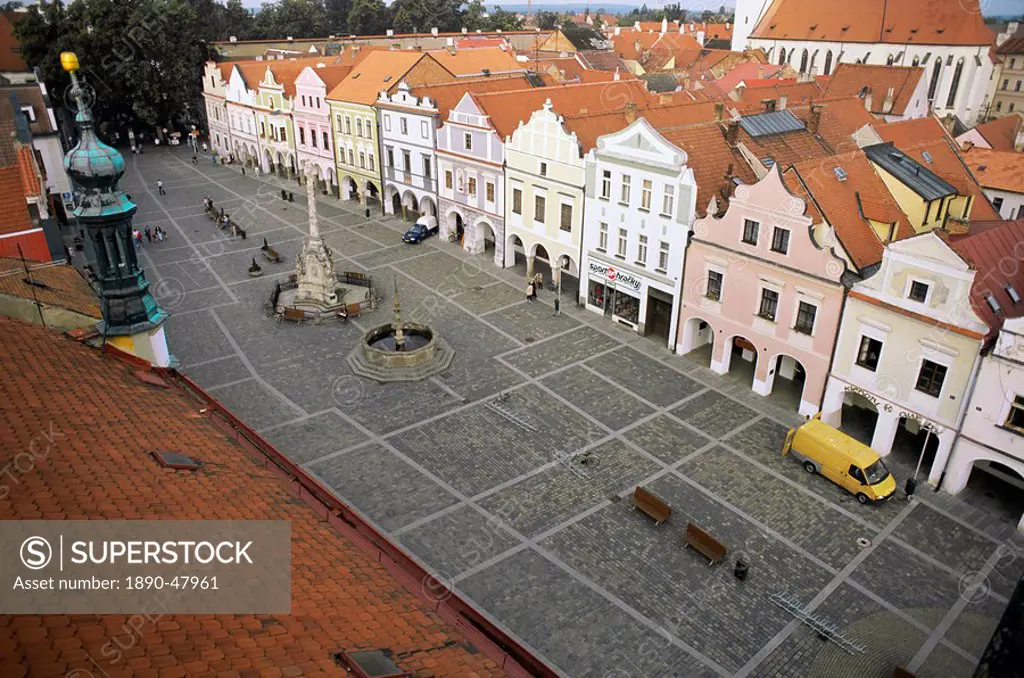 View from Town Hall of Baroque Marian column and Renaissance and Baroque houses on Masarykovo namesti Square, Trebon, Ceskobudejovicko region, Czech R...