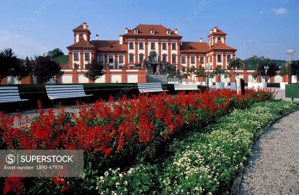 Floral bed and exterior of Baroque Troja Chateau, Troja, Prague, Czech Republic, Europe