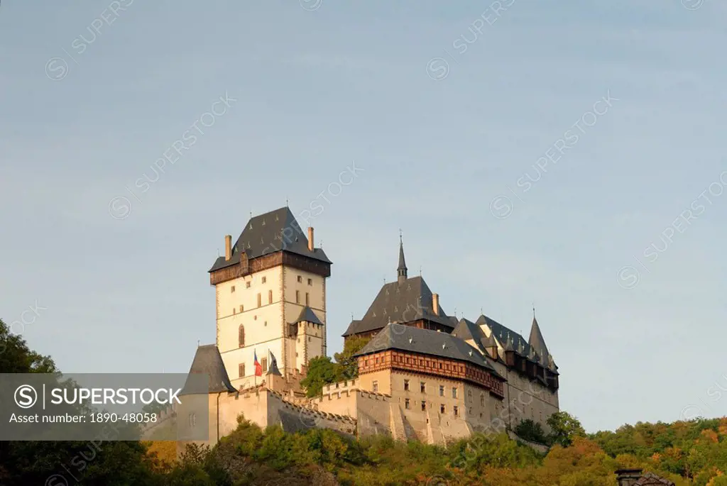 Gothic Castle of Karlstejn dating from1348, the most visited castle by tourists in country, village of Karlstejn, Central Bohemia, Czech Republic, Eur...