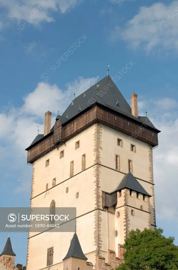 Tower of the Gothic Castle of Karlstejn dating from1348, the most visited castle by tourists in country, village of Karlstejn, Central Bohemia, Czech ...