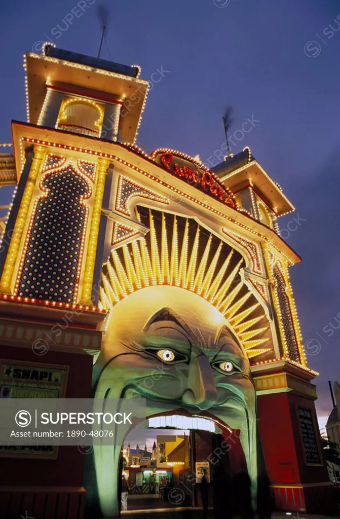 Exterior of Luna Park entrance illuminated at twilight, St. Kilda, Melbourne, Victoria, Australia, Pacific