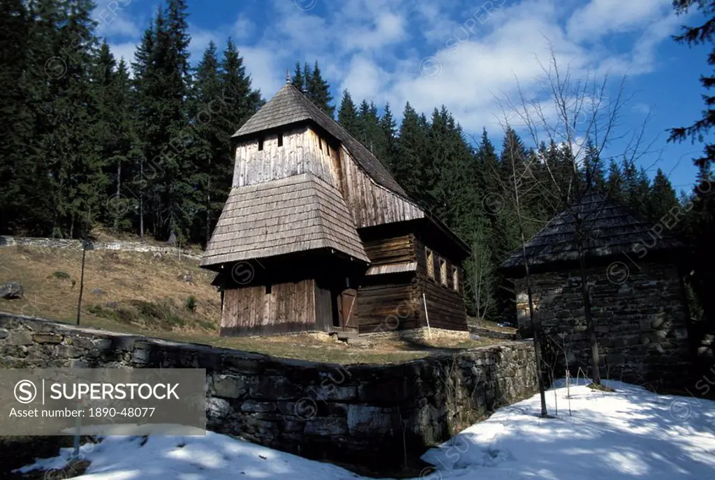 Exterior of wooden Ruthenian Orthodox church in village of Zuberec, Zilina Region, Slovakia, Europe
