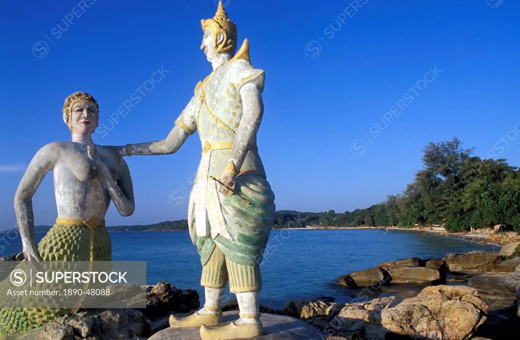 Statue of prince and mermaid from epic Phra Aphaimani by Sunthorn Phu on the coast at Hat Sai Kaew beach, Ko Samet island, Rayong, Thailand, Southeast...