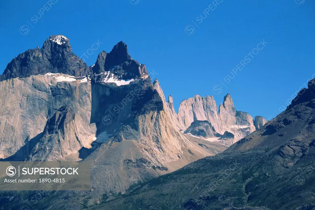 Jagged peaks of the Cuernos del Paine, 2600m, in the Torres del Paine National Park, Chile, South America