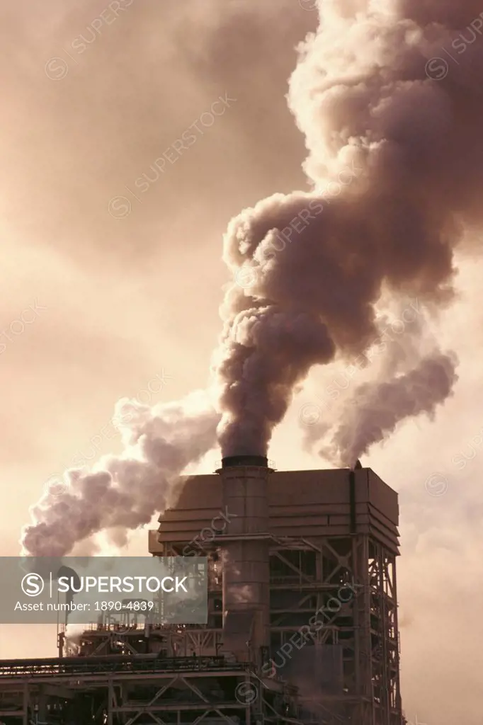 Smoke billowing from a pulp and paper mill at Jari in Amazonas, Brazil, South America