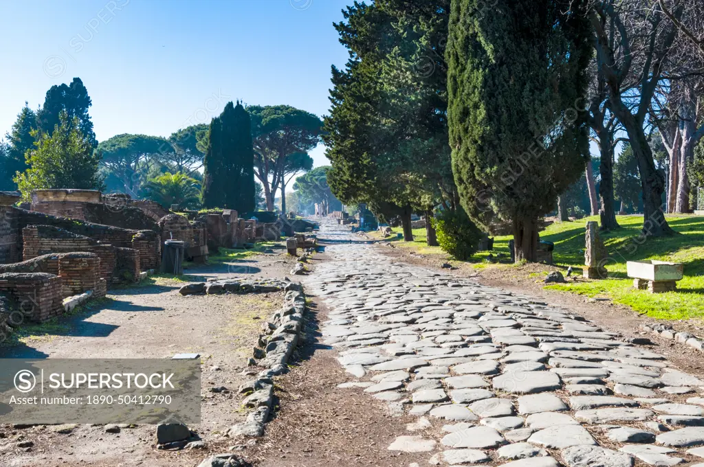 Roman Decumanus, Ostia Antica archaeological site, Ostia, Rome province, Latium (Lazio), Italy, Europe