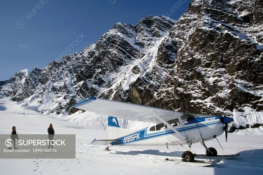 Small plane landed on glacier in Denali National Park, Alaska, United States of America, North America