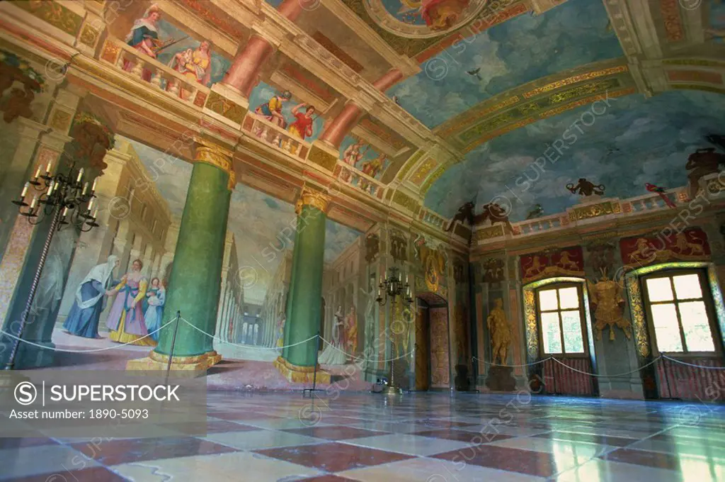 Illusionist frescoes by Donato Mascagni in interior hall, Schloss Hellbrunn, near Salzburg, Austria, Europe