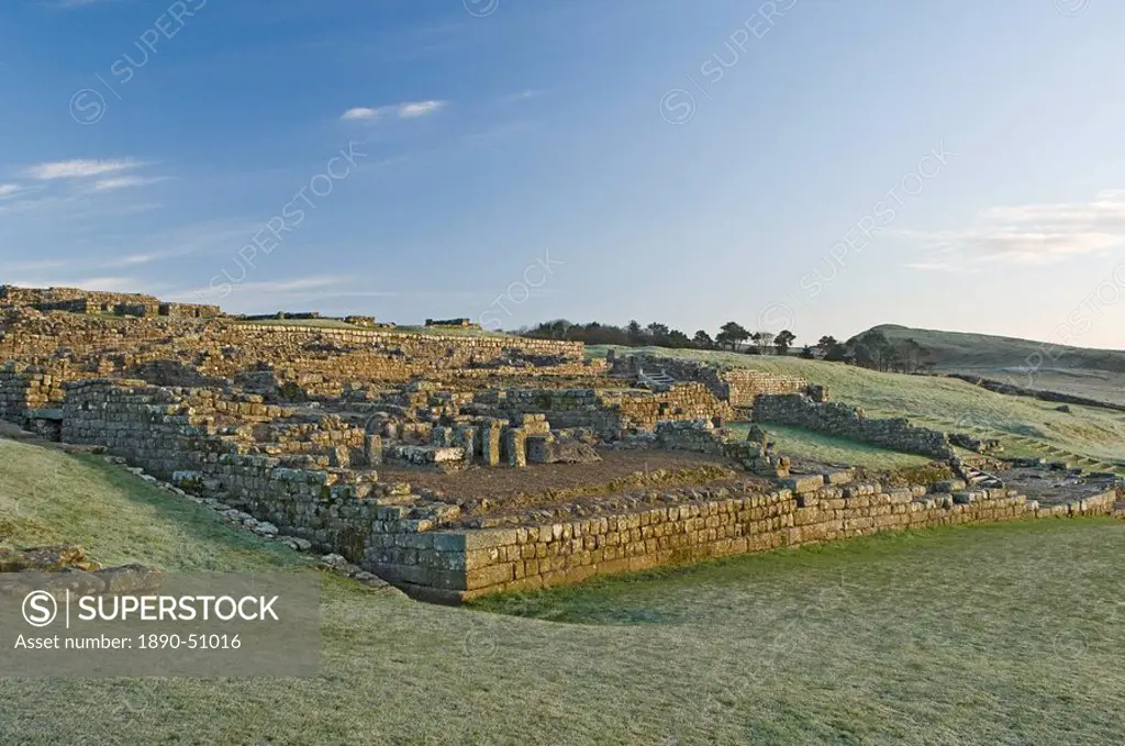 Part of Housesteads Roman Fort looking east, Hadrians Wall, UNESCO World Heritage Site, Northumbria, England, United Kingdom, Europe