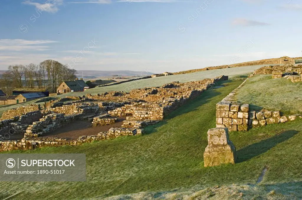 Part of Housesteads Roman Fort looking west, Hadrians Wall, UNESCO World Heritage Site, Northumbria, England, United Kingdom, Europe