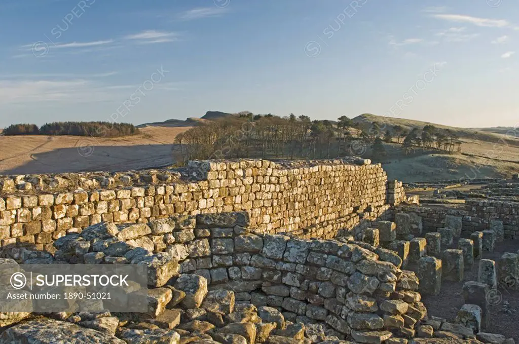 Detail of the furnace and granary floor, Housesteads Roman Fort, looking east, Hadrians Wall, UNESCO World Heritage Site, Northumbria, England, United...