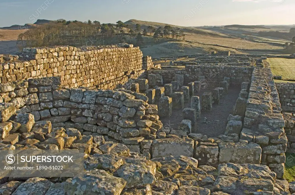 Granary showing supports for ventilated floor and circular furnace to provide heated air underfloor, Housesteads Roman Fort, Hadrians Wall, UNESCO Wor...