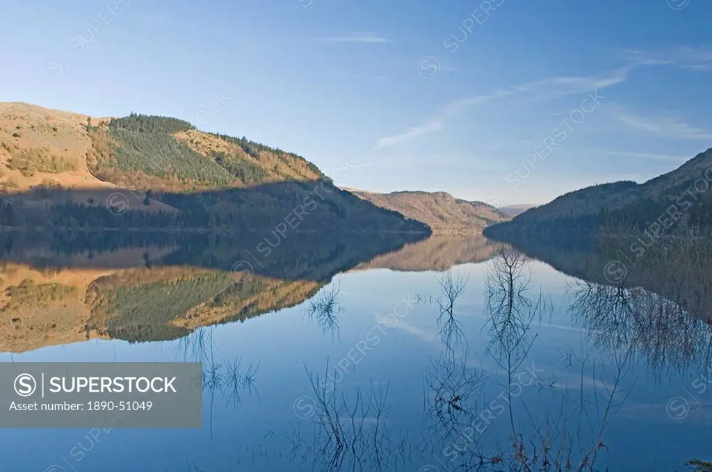 Looking north in the early morning over Lake Thirlmere, a dam at the north end enlarged the lake which supplies water to Manchester, Lake District Nat...