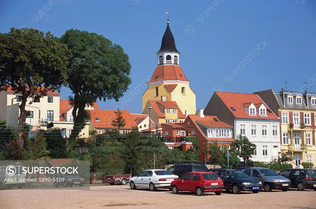 Klokketarnet of medieval church rises above town, Faaborg, Funen, Denmark, Scandinavia, Europe