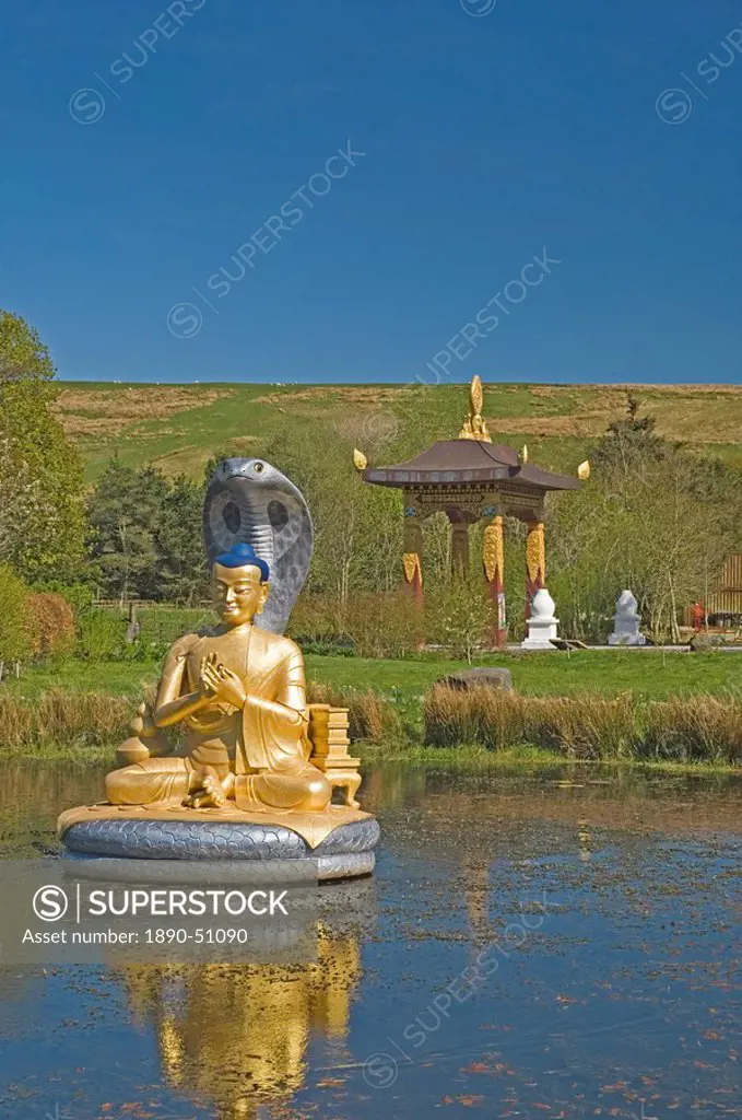 The Shrine Pond and Monastery Gateway, Kagyu Samye Ling Monastery and Tibetan Centre, Eskdalemuir, Dumfries and Galloway, Scotland, United Kingdom, Eu...
