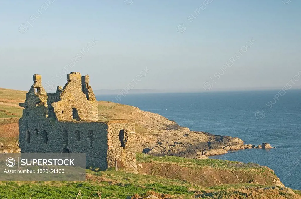 The 16th century clifftop Dunskey Castle, overlooking the Irish Sea, near Portpatrick, Dumfries and Galloway, Scotland, United Kingdom, Europe
