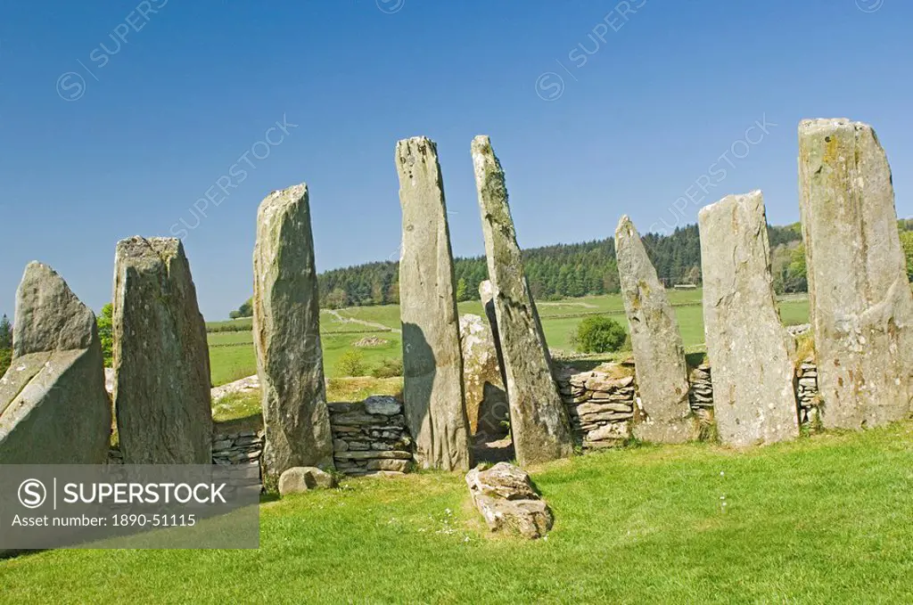 Chambered cairn at Cairnholy, the area in front of the wall and Sentinel Stones is believed to have been for worship or communal purposes, near Creeto...