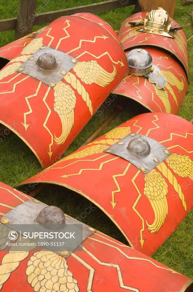 Shields and helmets of the Ermine Street Guard, Birdoswald Roman Fort, Hadrians Wall, Northumbria, England, United Kingdom, Europe