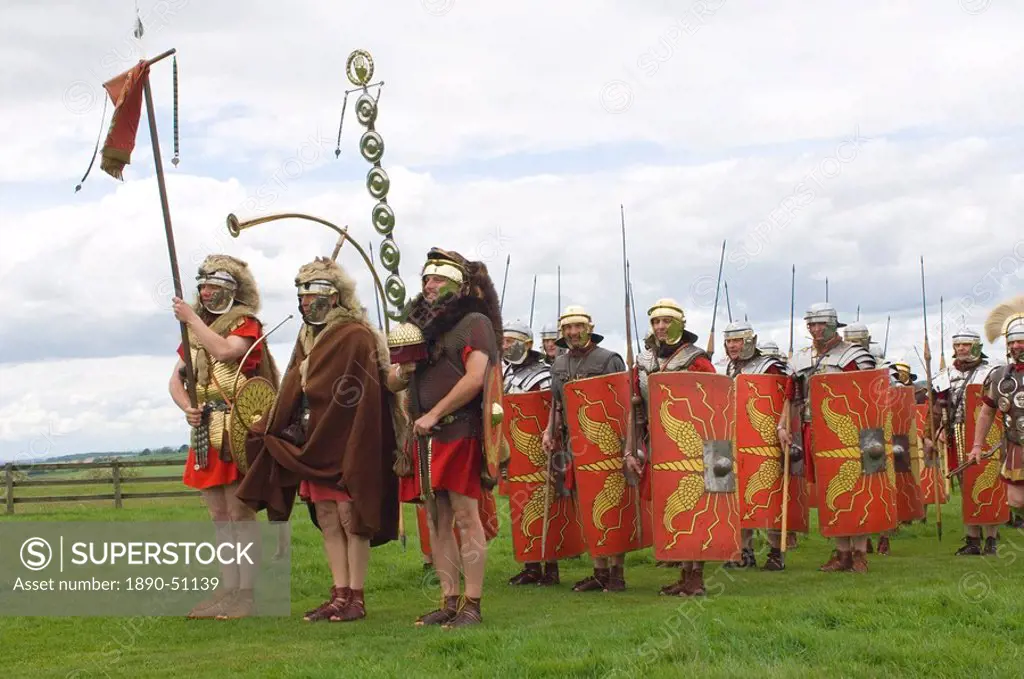 Ermine Street Guard preparing to advance, Birdoswald, Hadrians Wall, Northumbria, England, United Kingdom, Euruope