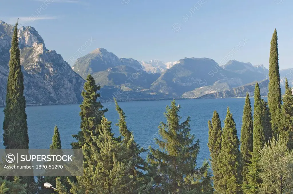 A view north over Lake Garda to the Dolomites beyond, Italy, Europe