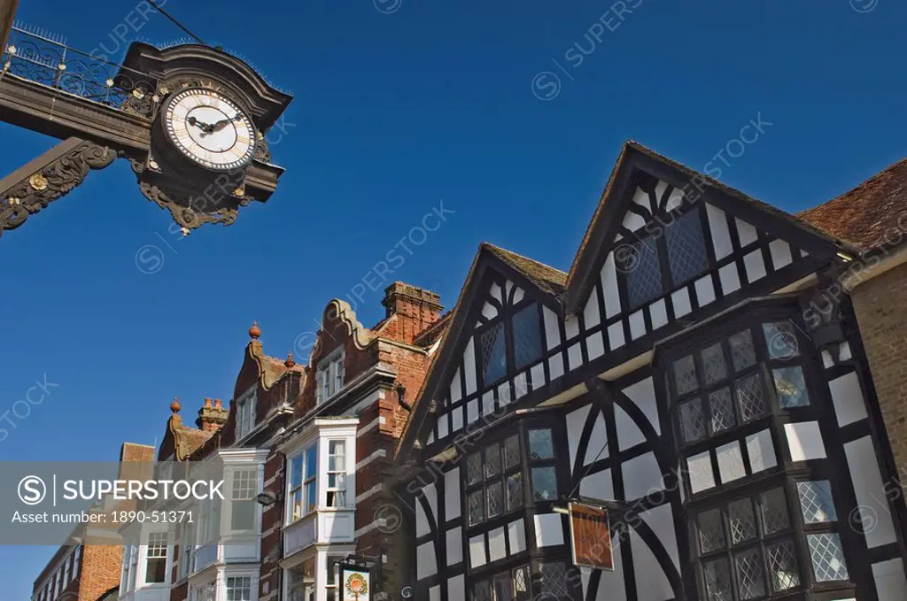 The Bracket Clock and timbered gables, High Street, Winchester, Hampshire, England, United Kingdom, Europe