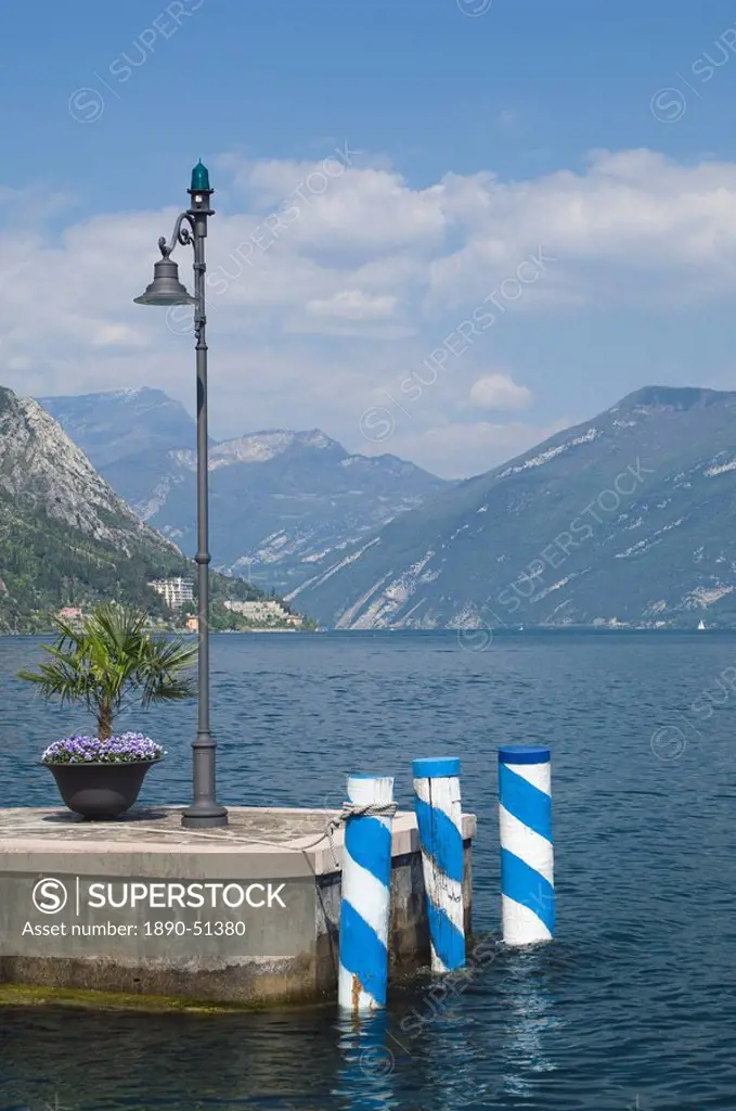 View to the north from the harbour mouth, Limone, Lake Garda, Italian Lakes, Lombardy, Italy, Europe