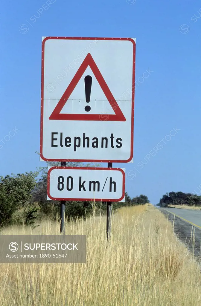 Sign, Elephants crossing the road, Caprivi, Namibia, Africa