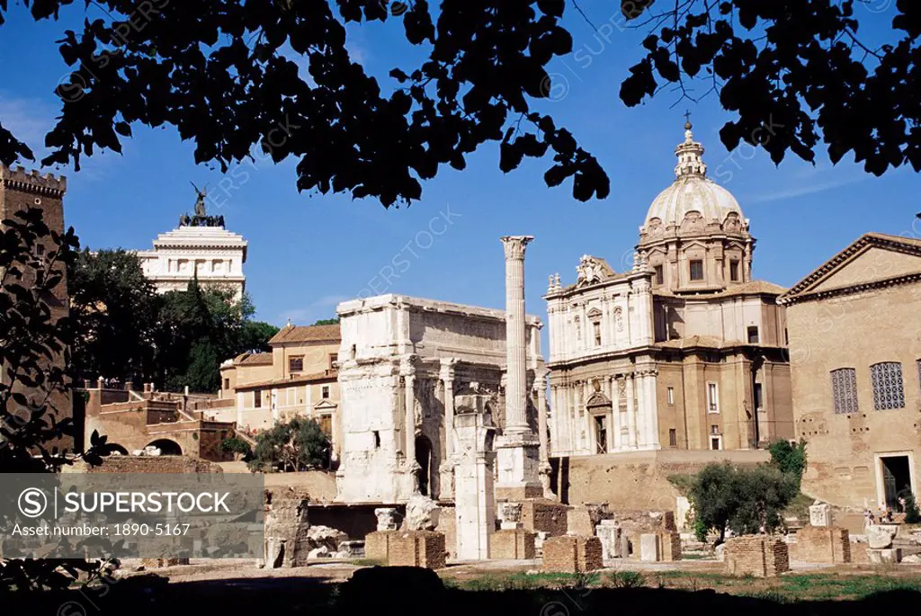 The Roman Forum looking north, the Curia and Arch of Septimus Severus, Rome, Lazio, Italy, Europe