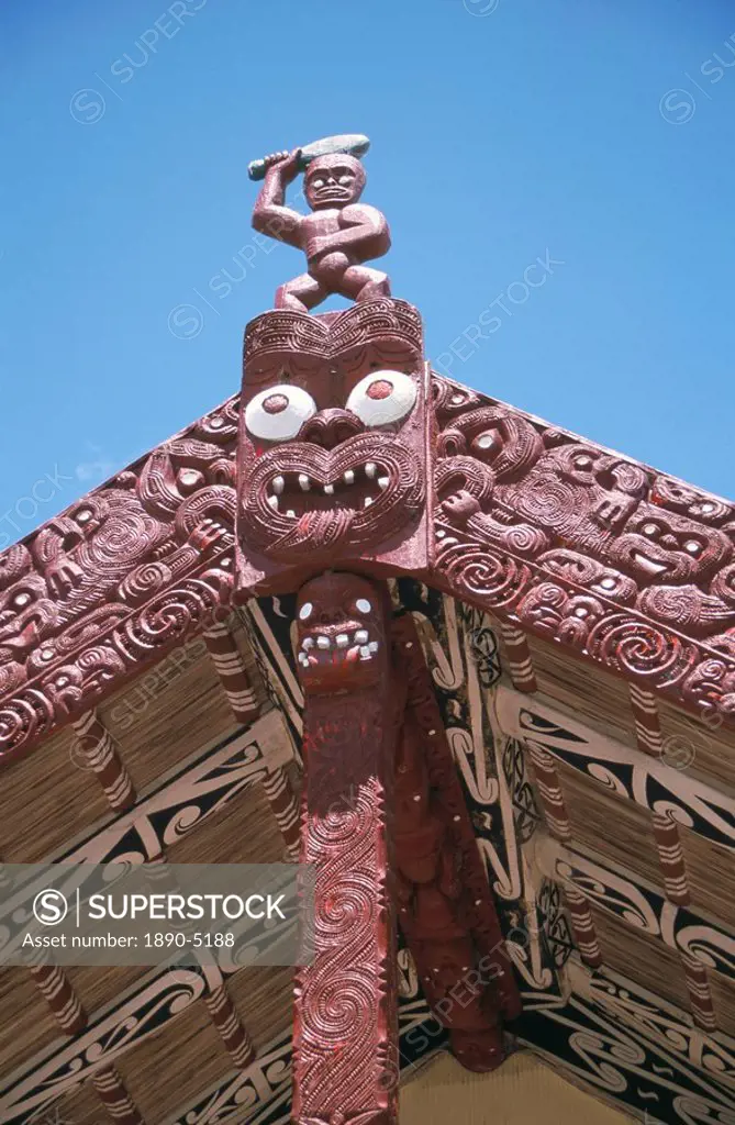 Carved bargeboards on Tamatekapua meeting house, Whakarewarewa Maori Reserve, Rotorua, South Auckland, North Island, New Zealand, Pacific