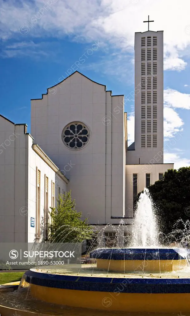 Fountain and Cathedral in the Art Deco city of Napier, North Island, New Zealand, Pacific