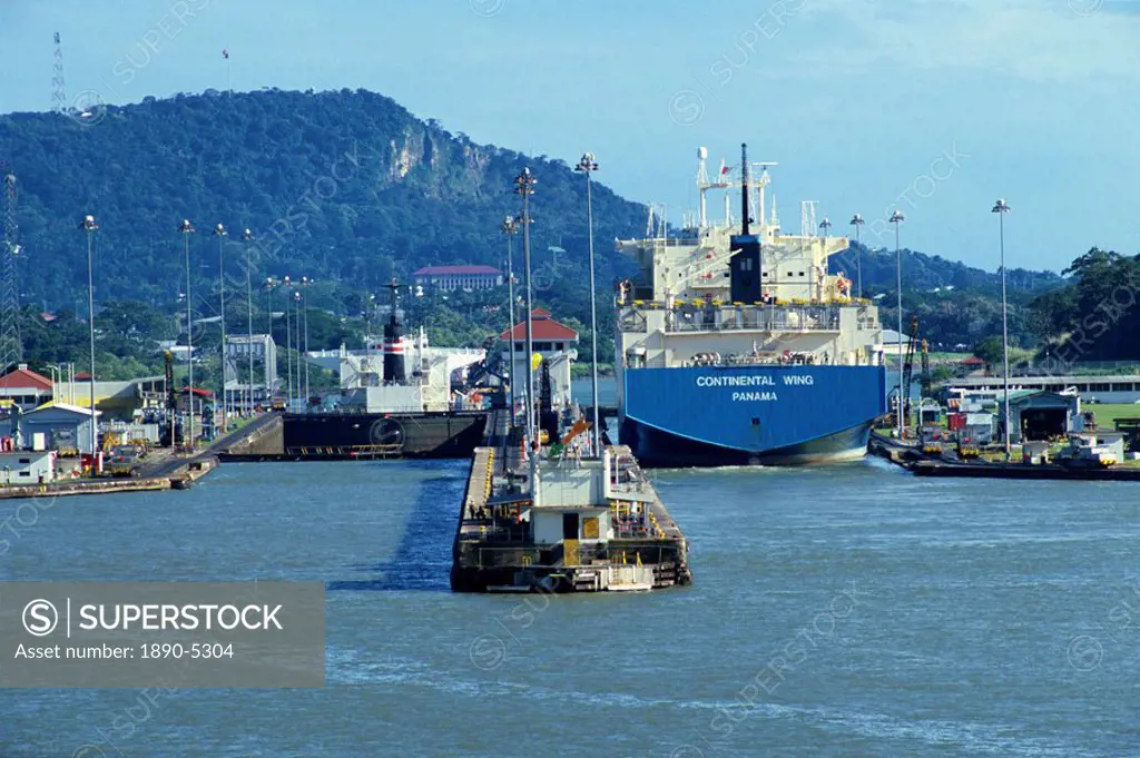 Ships and locks on the Panama Canal, Panama, Central America