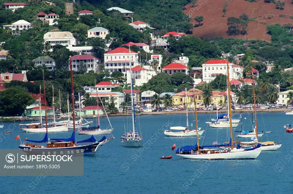 Sailing boats moored off Charlotte Amalie, St. Thomas, U.S. Virgin Islands, West Indies, Caribbean, Central America
