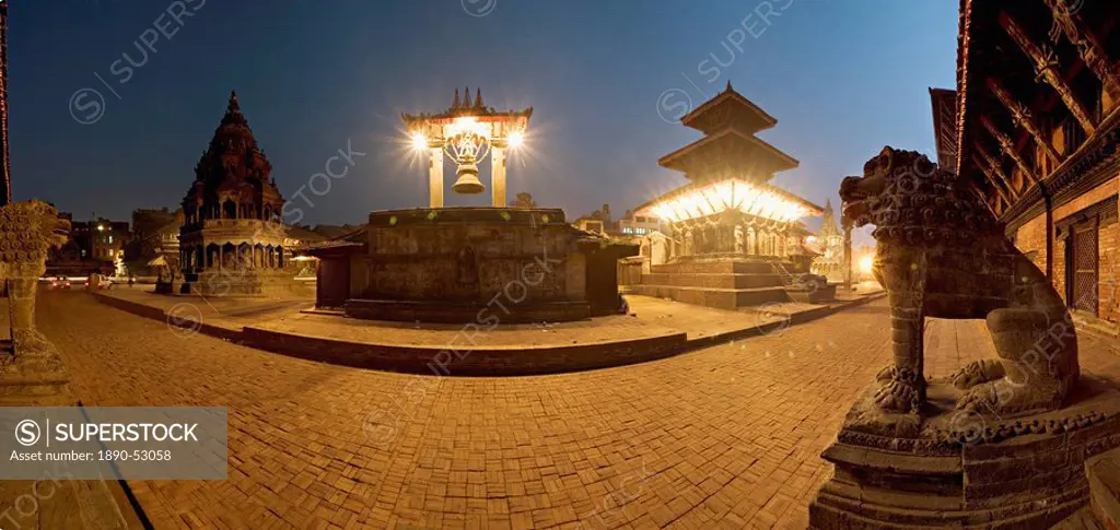 Durbar Square containg from the left the Chyasin Dewal temple, Taleju bell, the Hari Shankar Mandir, stone lions flanking steps to Mul Chowk, Patan, K...