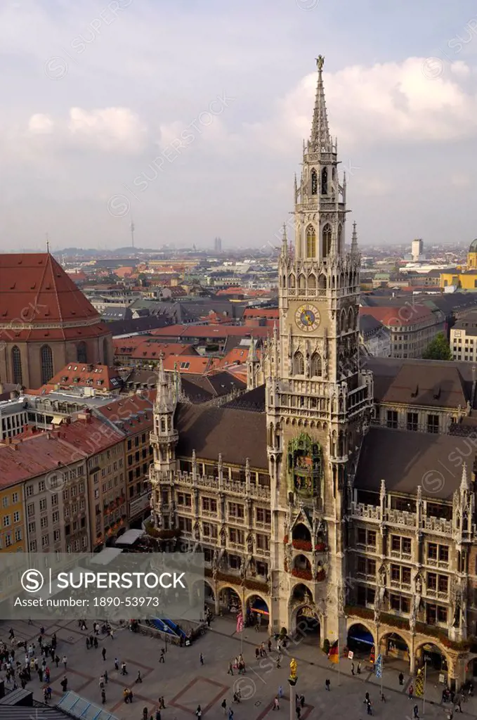 Neues Rathaus New Town Hall and Marienplatz, from the tower of Peterskirche St. Peter´s church, Munich Munchen, Bavaria Bayern, Germany, Europe
