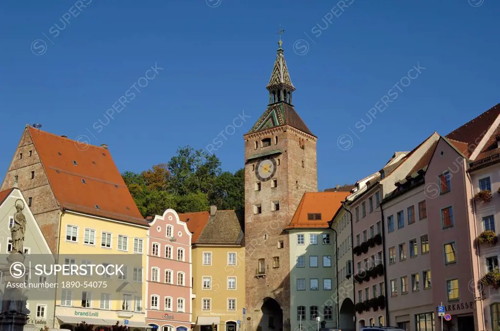 Schmalzturm Lard Tower and town houses in Hauptplatz, Landsberg am Lech, Bavaria Bayern, Germany, Europe