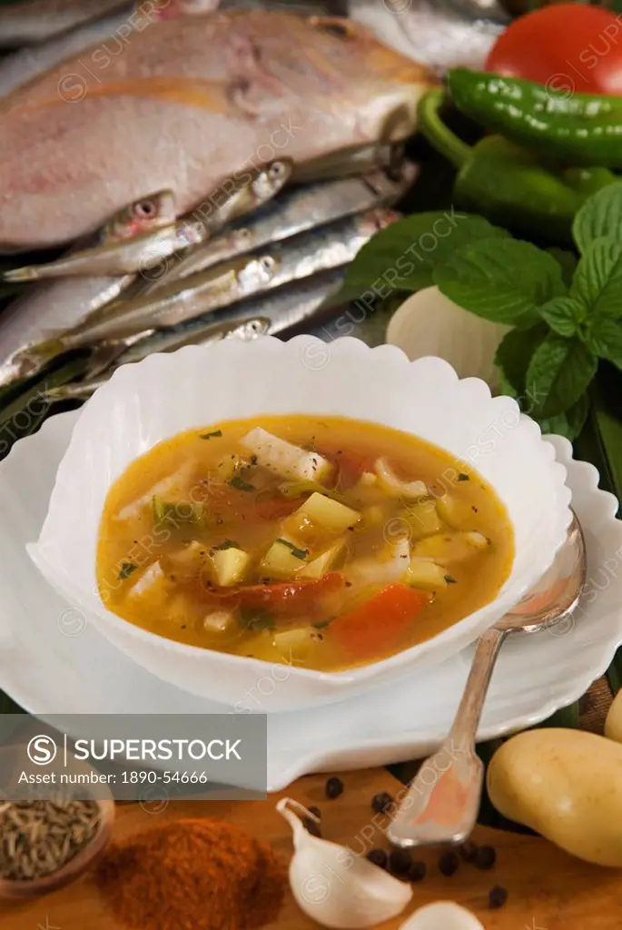 Caldo de pescado soup, food of the Canary Islands, Spain, Europe