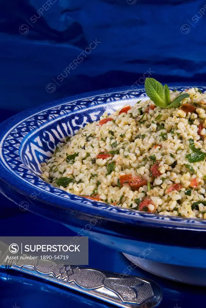 Arabic food, tabuleh, burghul with mint, tomatoes, lemon, parsley, olive oil, Middle East