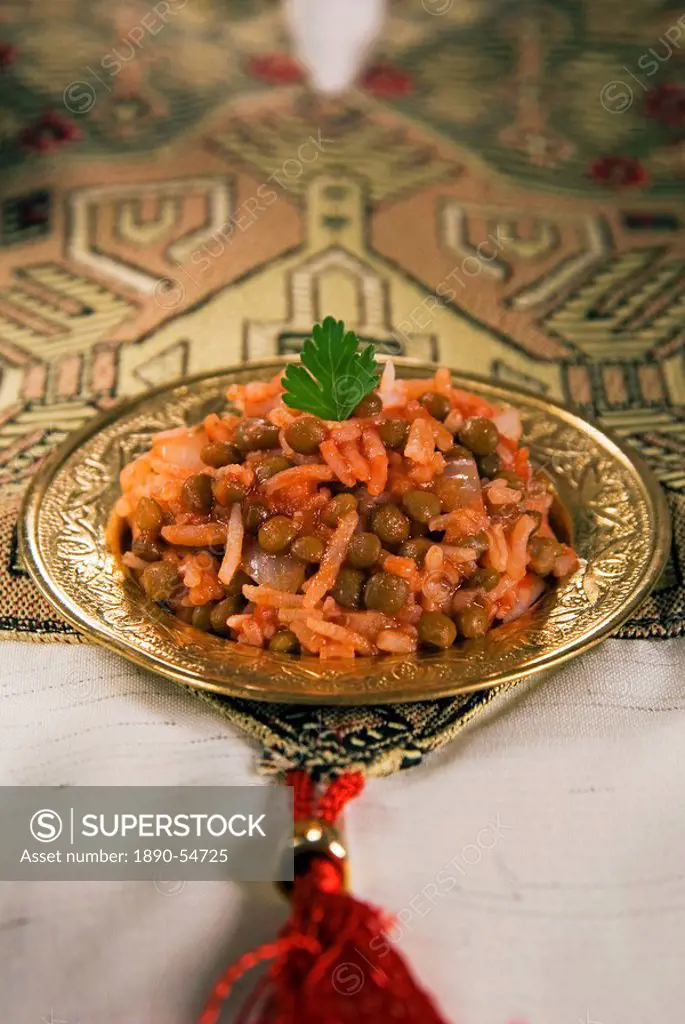 Egyptian food, kosheri, lentils, rice and tomatoes, Egypt, North Africa, Africa