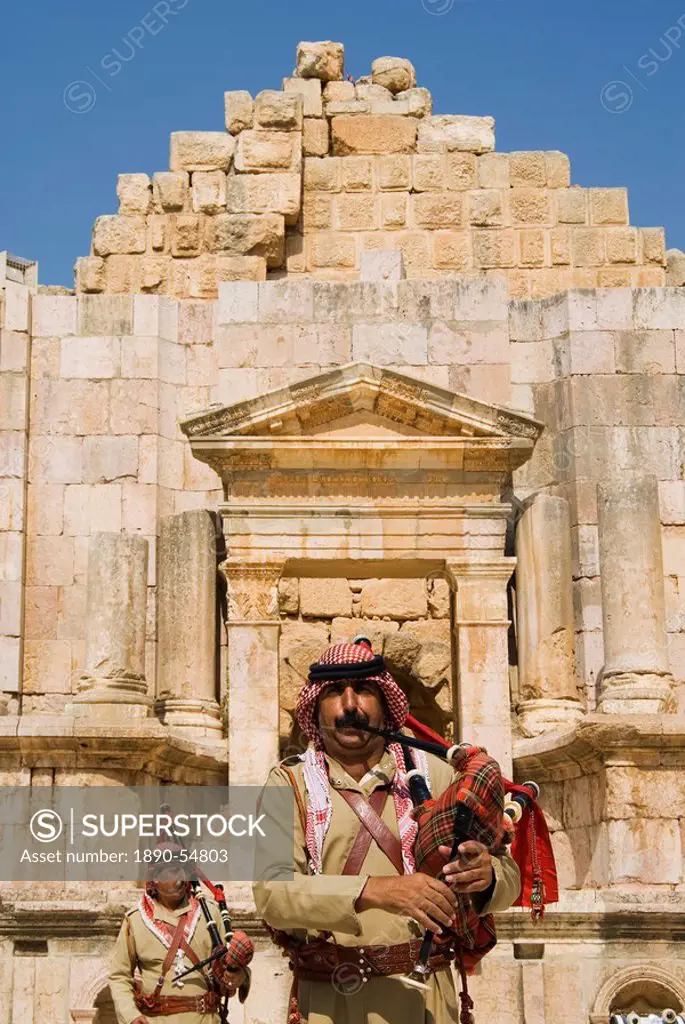 Retired military band, South Theatre, Jerash Gerasa, a Roman Decapolis city, Jordan, Middle East