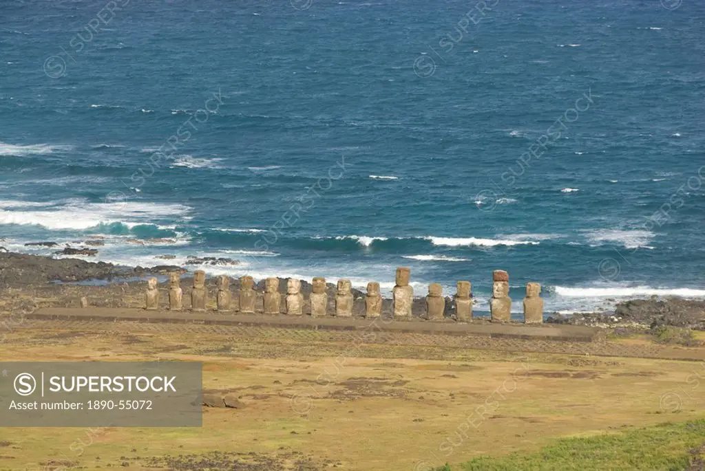 Ahu Tongariki from Rano Raraku Volcano, UNESCO World Heritage Site, Easter Island Rapa Nui, Chile, South America